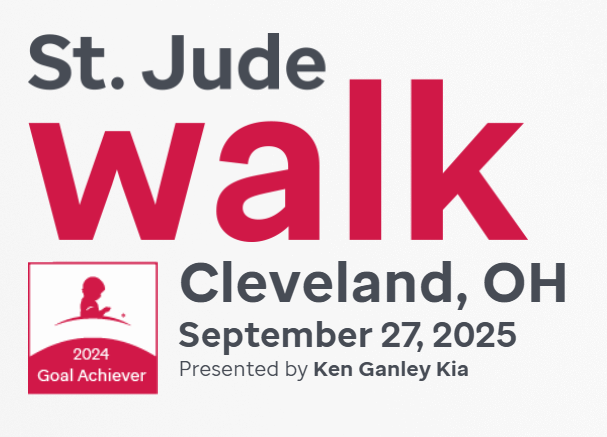 A graphic that is promoting the St. Jude Walk Cleveland, OH September 27, 2025 Presented by Ken Ganley Kia Alliance in Alliance, OH
