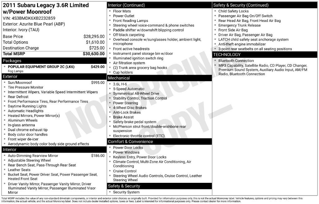 2011 Subaru Legacy 3.6R Limited