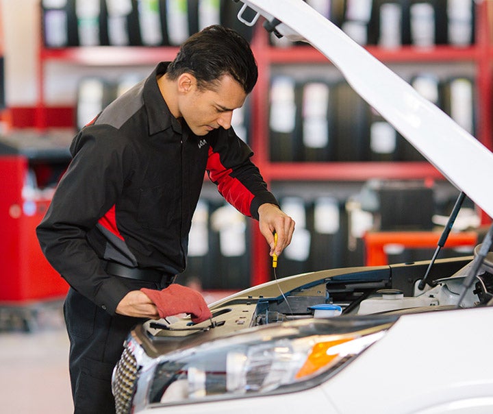 Technician checking a vehicle engine under the hood.